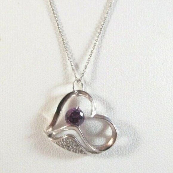 Sterling Silver Amethyst and Rhinestone Heart Pendant Necklace - Picture 10 of 12